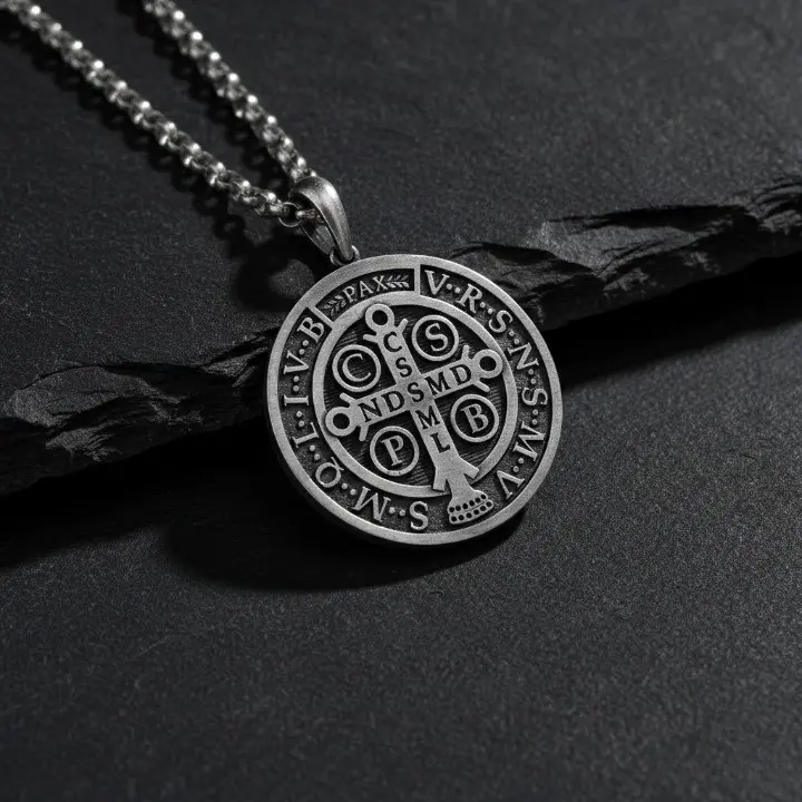 Saint Benedict Medal Pendant - Reversible S925 Sterling Silver Protection Amulet